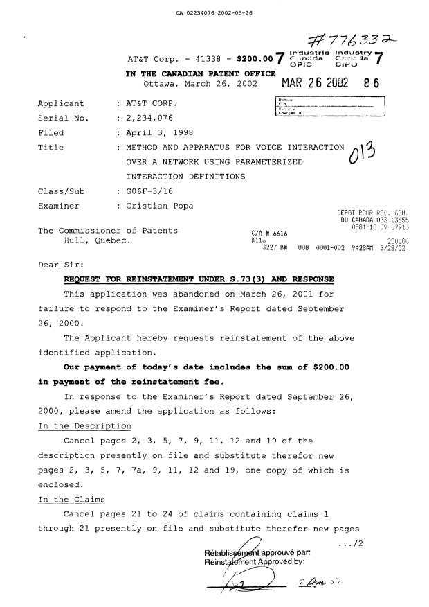Canadian Patent Document 2234076. Prosecution-Amendment 20011226. Image 1 of 18