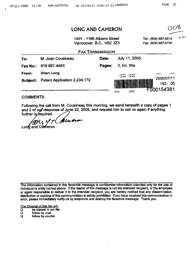 Canadian Patent Document 2234172. Prosecution-Amendment 20050711. Image 1 of 3