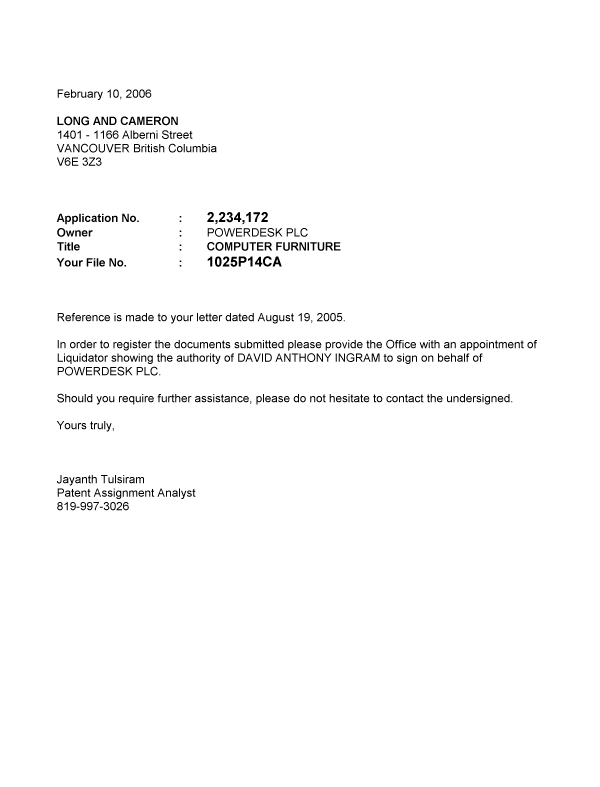 Canadian Patent Document 2234172. Correspondence 20060210. Image 1 of 1