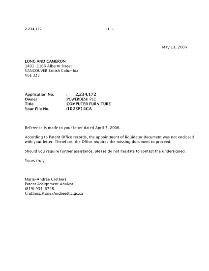 Canadian Patent Document 2234172. Correspondence 20060511. Image 1 of 1
