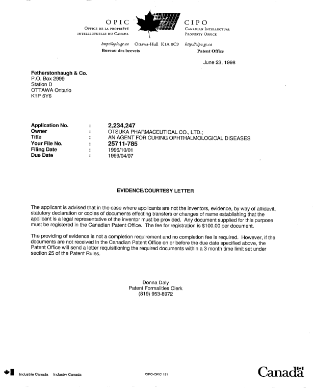 Document de brevet canadien 2234247. Correspondance 19980623. Image 1 de 1