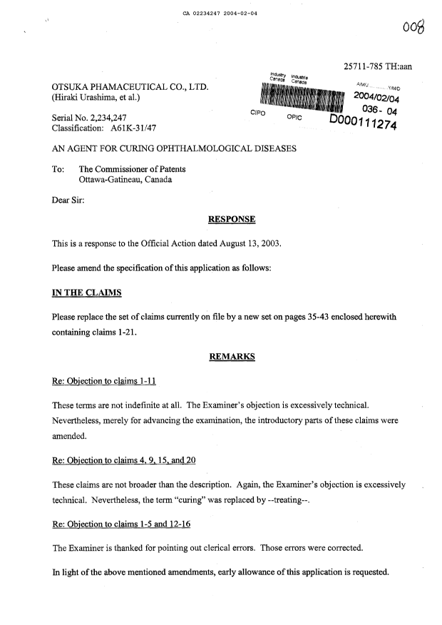 Document de brevet canadien 2234247. Poursuite-Amendment 20040204. Image 1 de 11