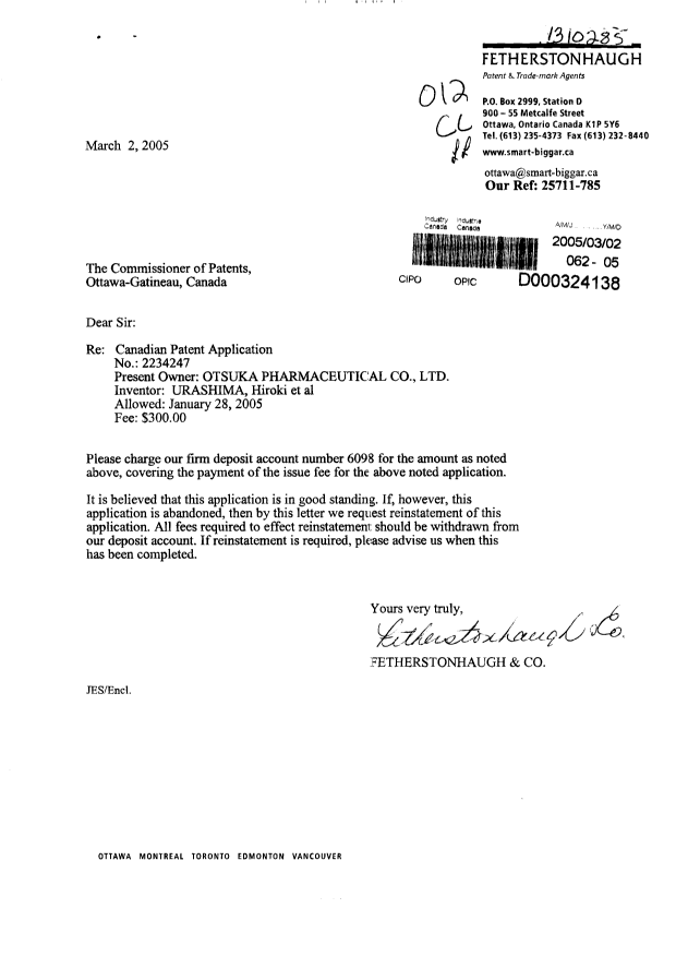 Document de brevet canadien 2234247. Correspondance 20050302. Image 1 de 1