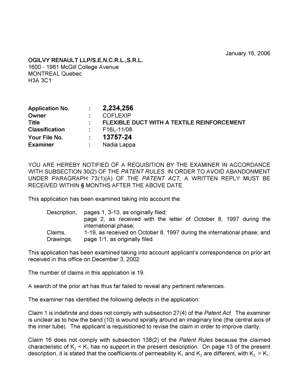Canadian Patent Document 2234256. Prosecution-Amendment 20060116. Image 1 of 2