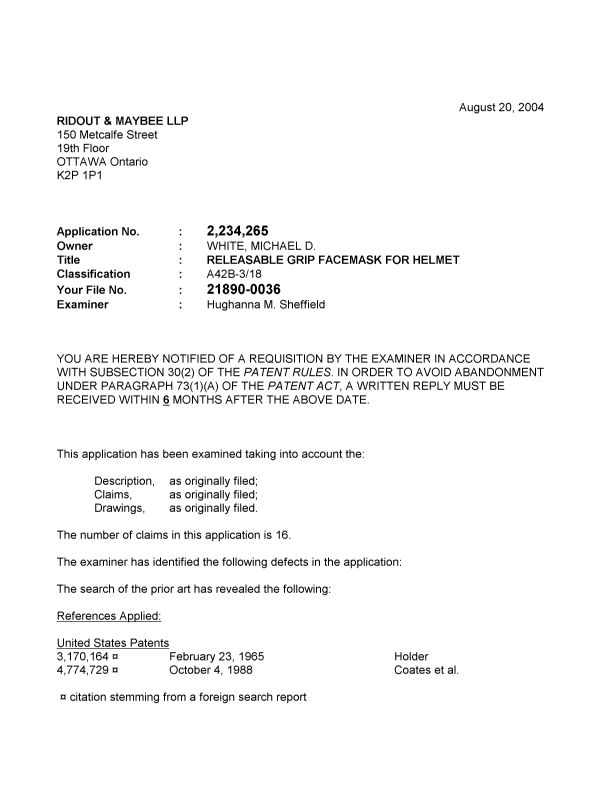Canadian Patent Document 2234265. Prosecution-Amendment 20040820. Image 1 of 3
