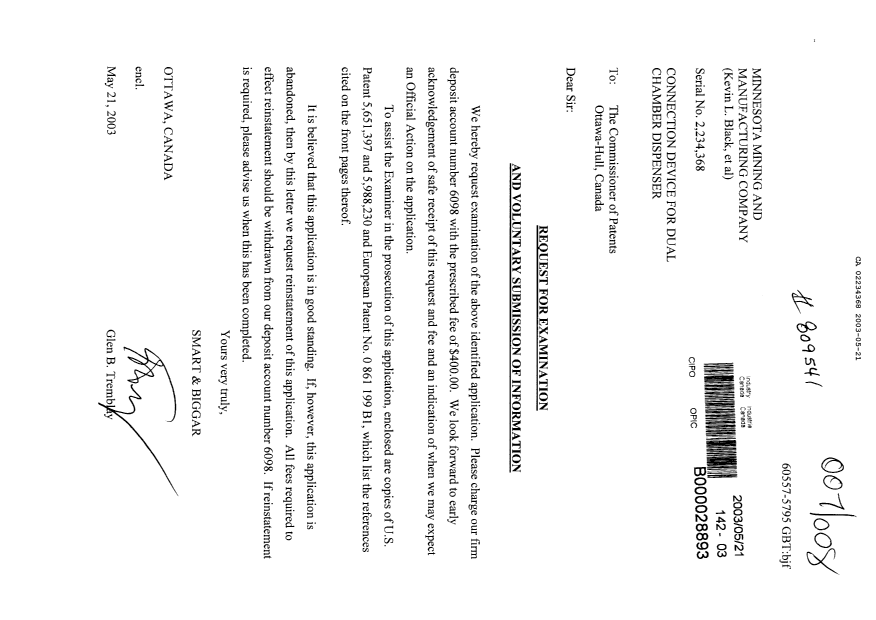 Canadian Patent Document 2234368. Prosecution-Amendment 20030521. Image 1 of 1