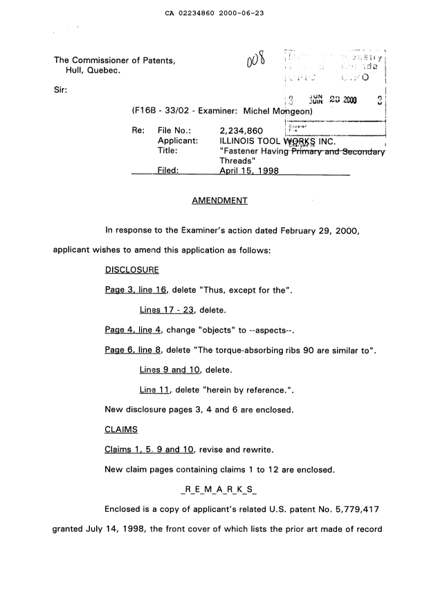 Canadian Patent Document 2234860. Prosecution-Amendment 20000623. Image 1 of 9