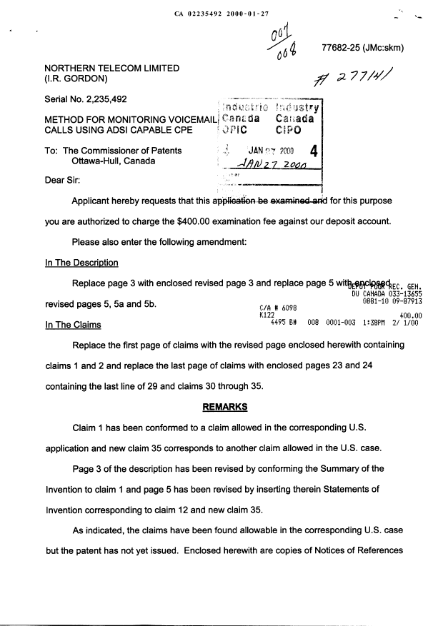 Canadian Patent Document 2235492. Prosecution-Amendment 20000127. Image 1 of 10
