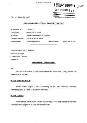 Canadian Patent Document 2235517. Prosecution-Amendment 20011023. Image 1 of 15
