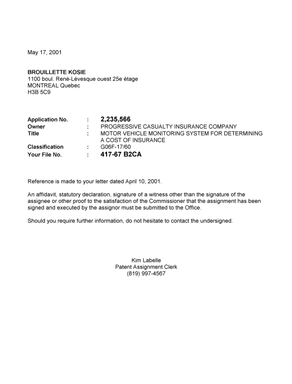 Document de brevet canadien 2235566. Correspondance 20010517. Image 1 de 1
