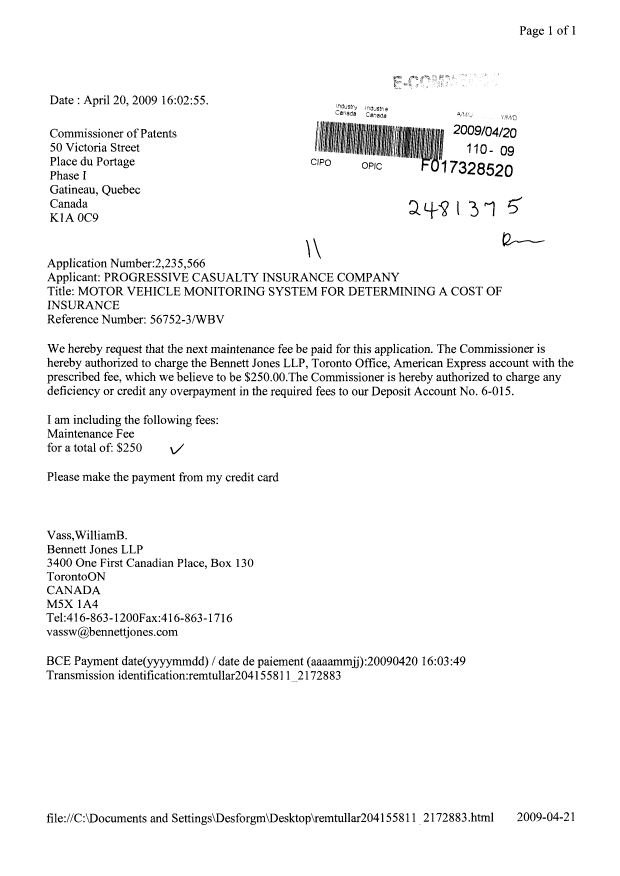 Document de brevet canadien 2235566. Taxes 20090420. Image 1 de 1