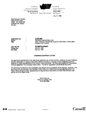 Document de brevet canadien 2235865. Correspondance 19971214. Image 1 de 1