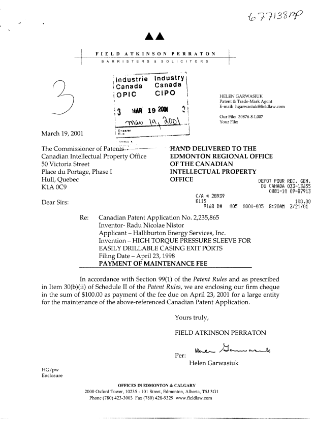 Canadian Patent Document 2235865. Fees 20001219. Image 1 of 1