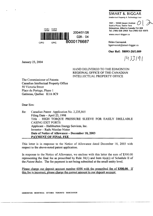 Canadian Patent Document 2235865. Correspondence 20031226. Image 1 of 2