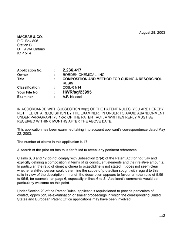 Canadian Patent Document 2236417. Prosecution-Amendment 20030828. Image 1 of 2