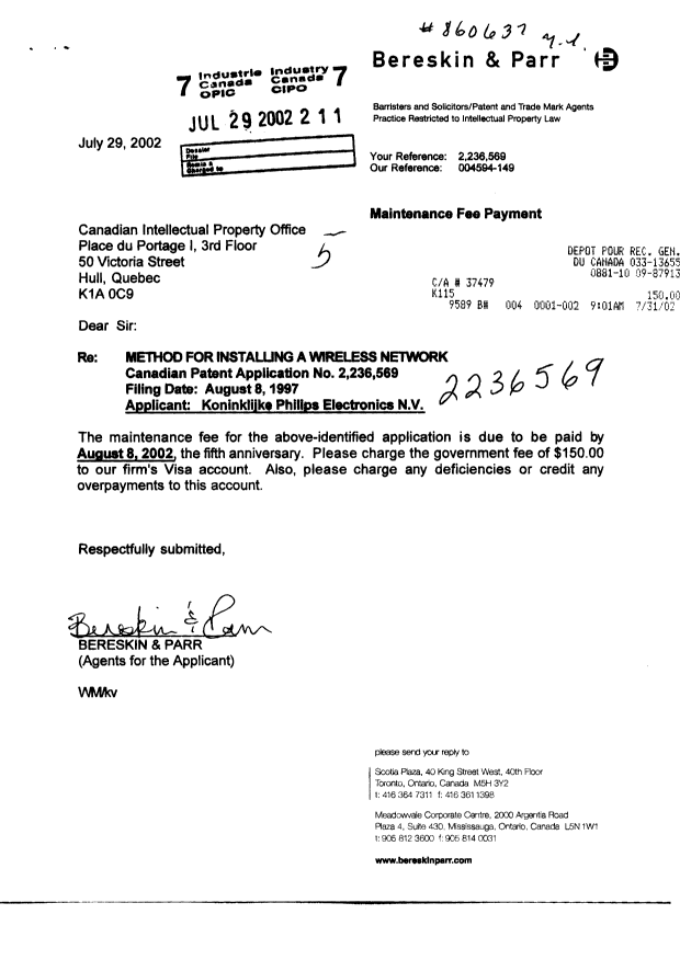 Document de brevet canadien 2236569. Taxes 20020729. Image 1 de 1