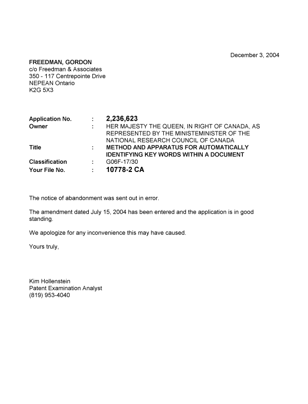 Canadian Patent Document 2236623. Correspondence 20031203. Image 1 of 1