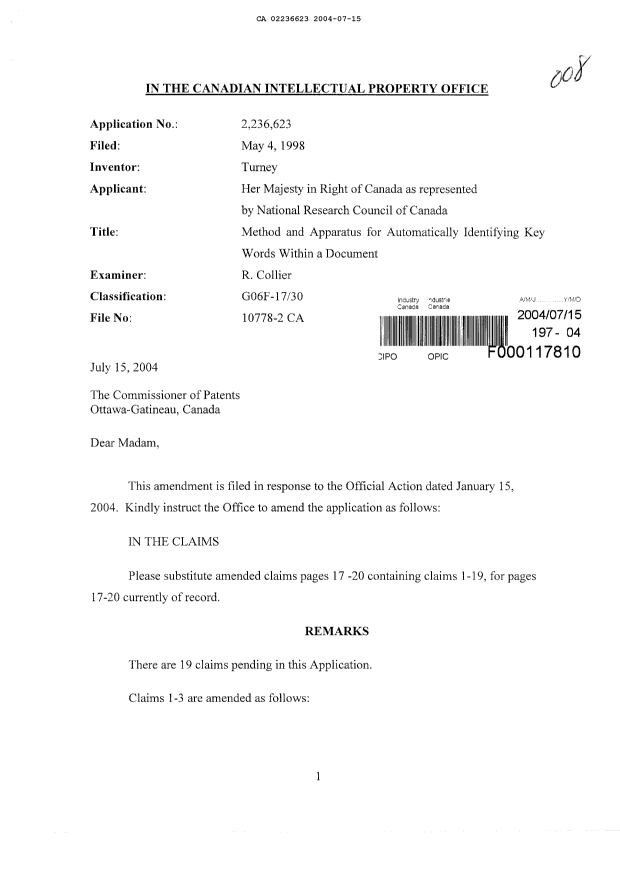 Canadian Patent Document 2236623. Prosecution-Amendment 20031215. Image 1 of 13