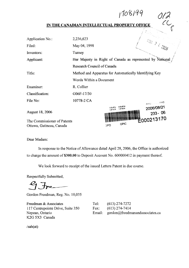Canadian Patent Document 2236623. Correspondence 20051221. Image 1 of 1