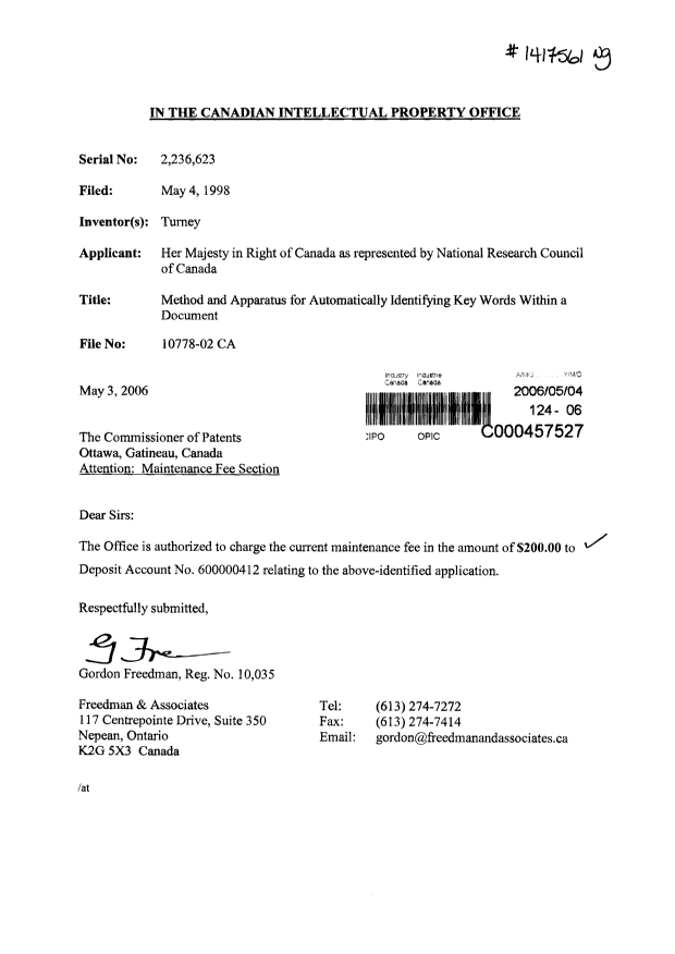 Document de brevet canadien 2236623. Taxes 20060504. Image 1 de 1