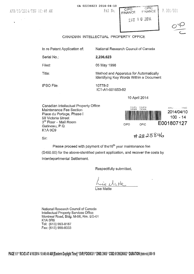 Canadian Patent Document 2236623. Fees 20131210. Image 1 of 2