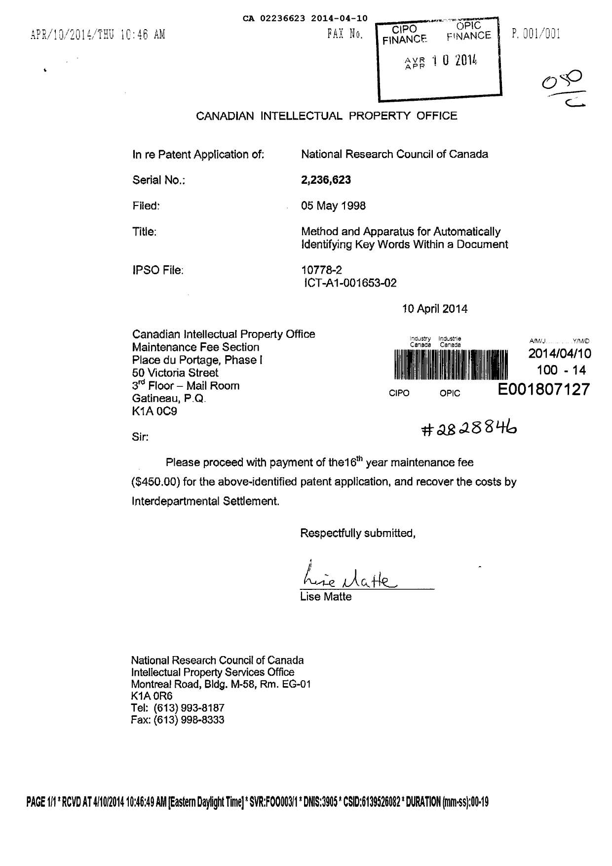 Document de brevet canadien 2236623. Taxes 20131210. Image 1 de 2