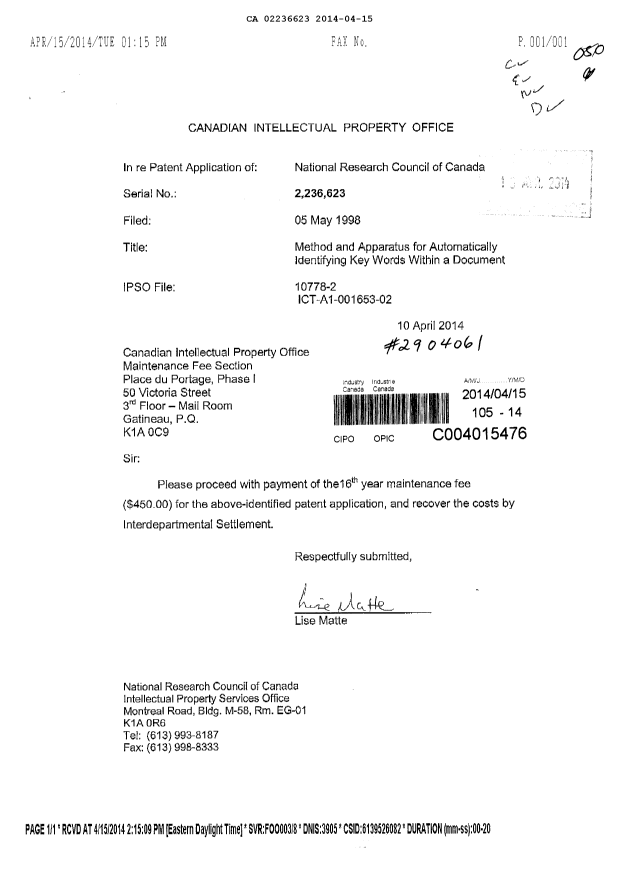 Canadian Patent Document 2236623. Fees 20131215. Image 1 of 1