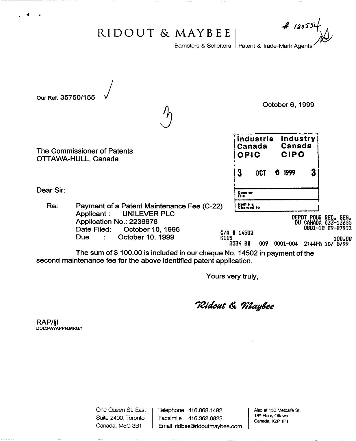 Document de brevet canadien 2236676. Taxes 19991006. Image 1 de 1