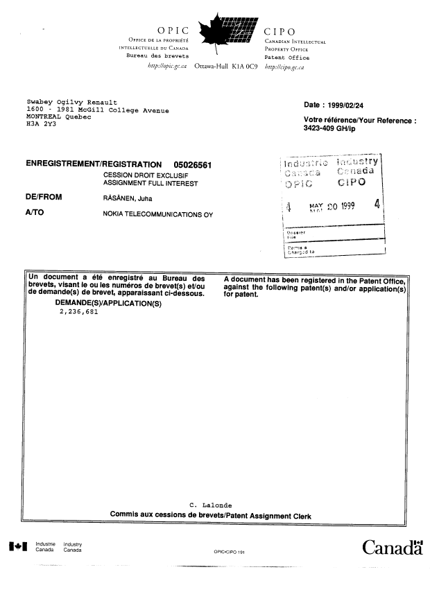 Canadian Patent Document 2236681. Assignment 19990520. Image 4 of 4