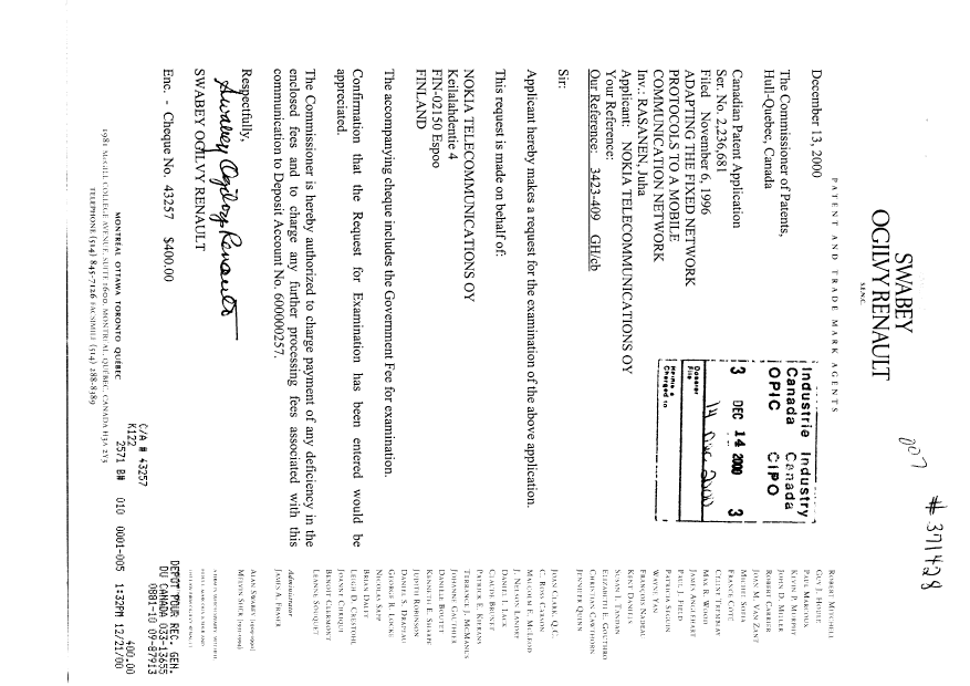 Canadian Patent Document 2236681. Prosecution-Amendment 20001213. Image 1 of 1