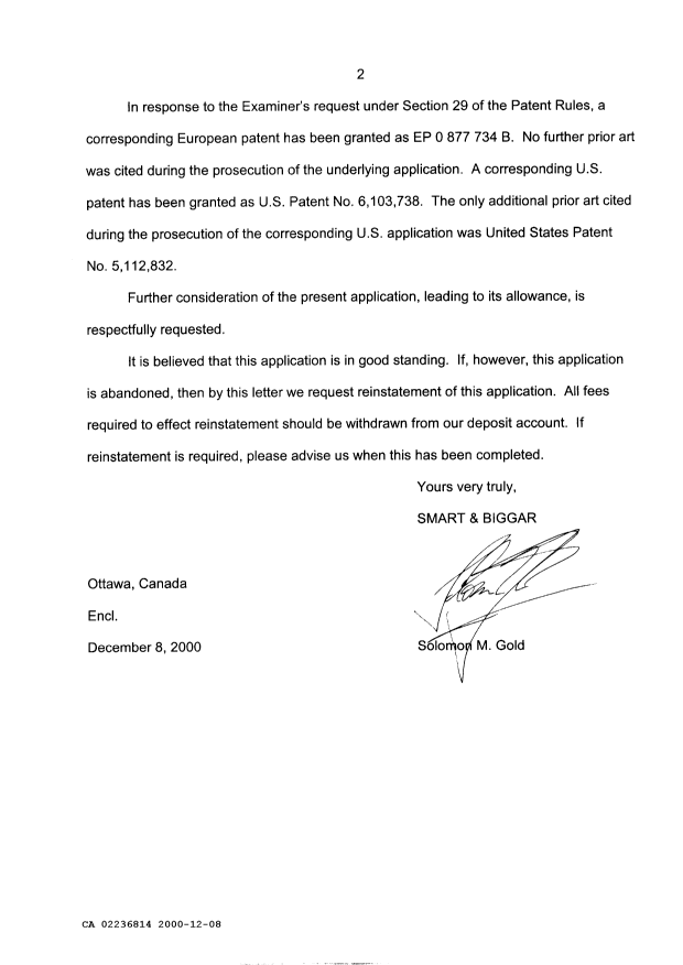 Canadian Patent Document 2236814. Prosecution-Amendment 20001208. Image 2 of 6