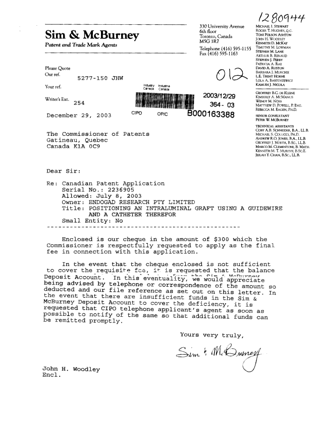 Document de brevet canadien 2236905. Correspondance 20031229. Image 1 de 1