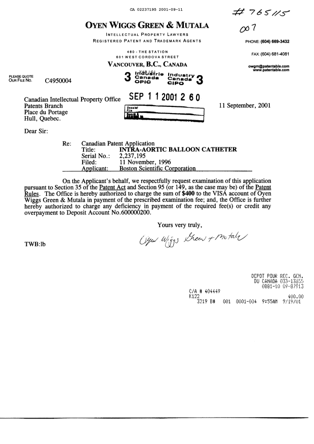Canadian Patent Document 2237195. Prosecution-Amendment 20010911. Image 1 of 1