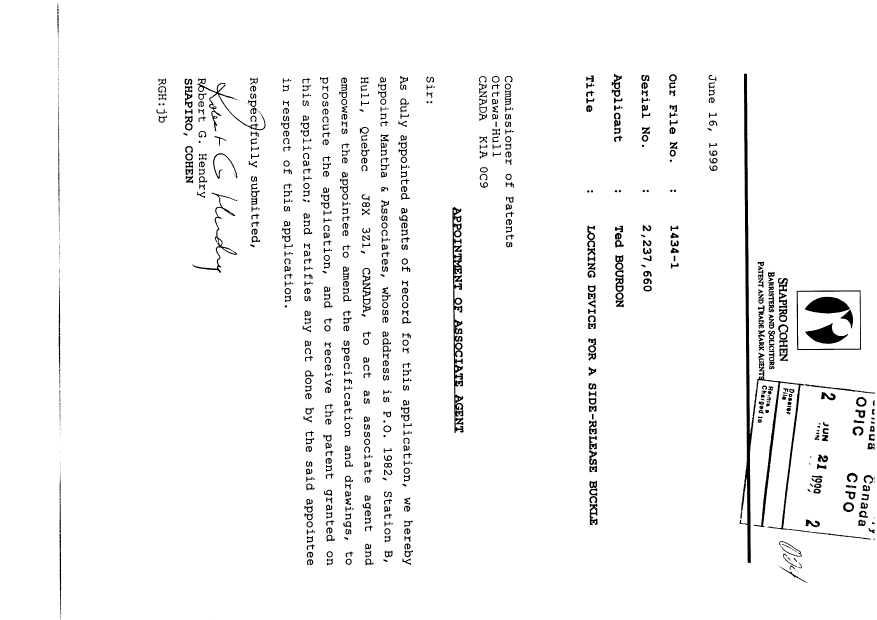 Canadian Patent Document 2237660. Correspondence 19990621. Image 1 of 1