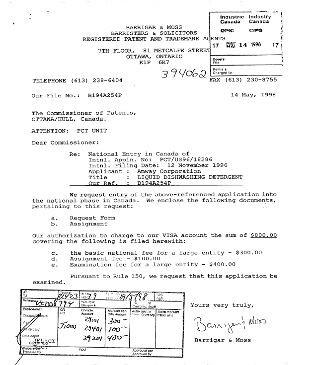 Canadian Patent Document 2237694. Assignment 19980514. Image 1 of 6