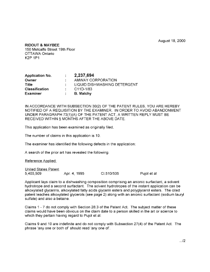 Canadian Patent Document 2237694. Prosecution-Amendment 20000818. Image 1 of 2