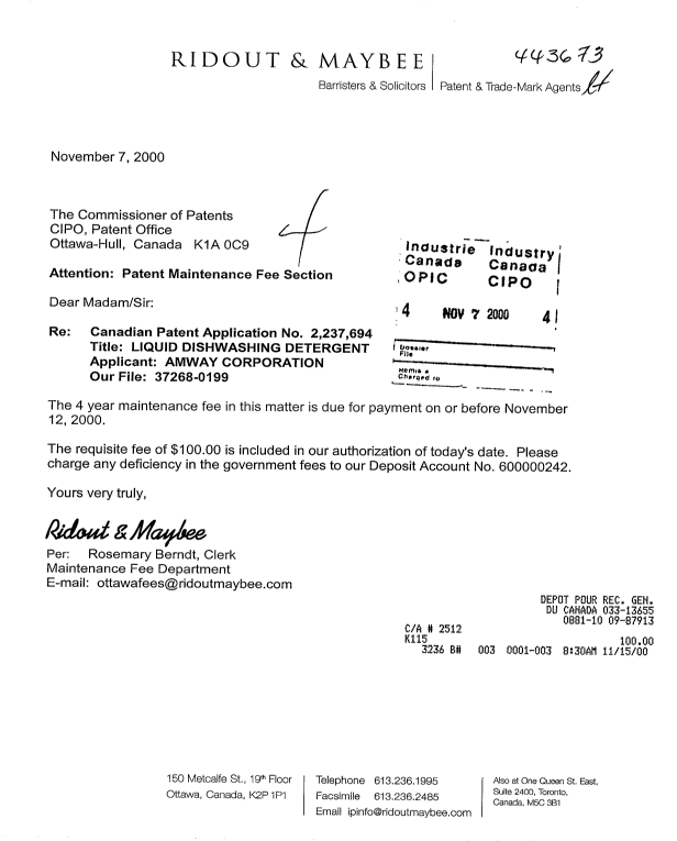 Canadian Patent Document 2237694. Fees 20001107. Image 1 of 1