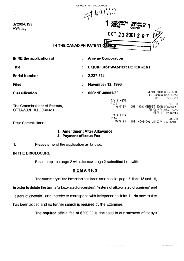 Canadian Patent Document 2237694. Correspondence 20011023. Image 1 of 2