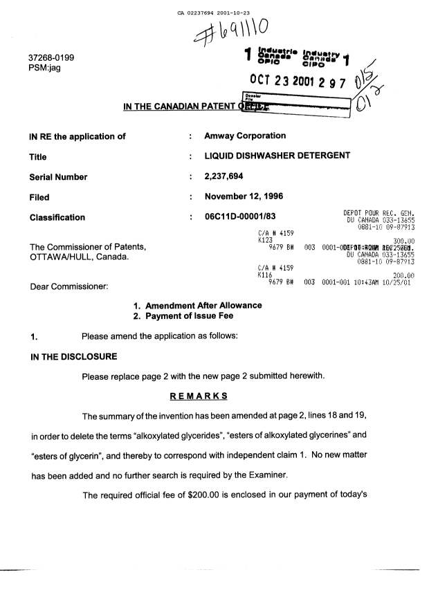 Canadian Patent Document 2237694. Prosecution-Amendment 20011023. Image 1 of 3
