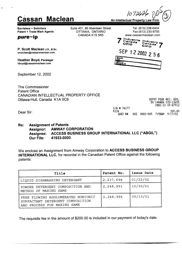Canadian Patent Document 2237694. Assignment 20020912. Image 1 of 4