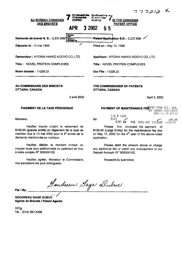 Document de brevet canadien 2237699. Taxes 20020403. Image 1 de 1