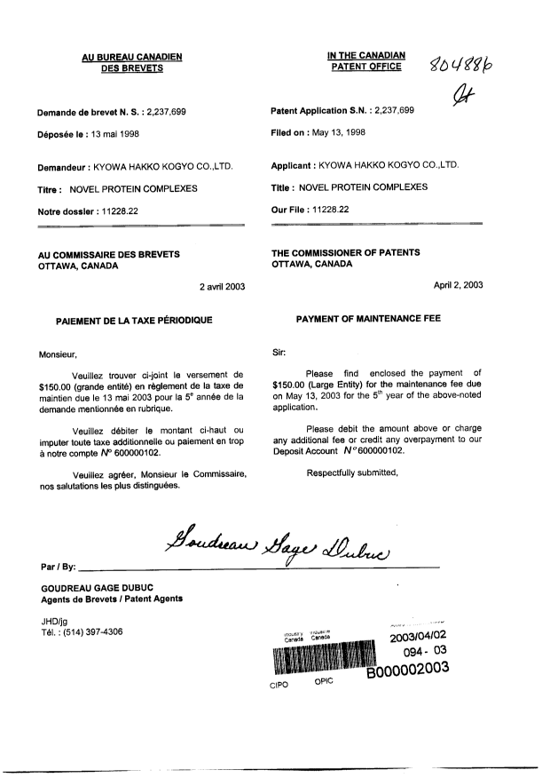 Document de brevet canadien 2237699. Taxes 20030402. Image 1 de 1