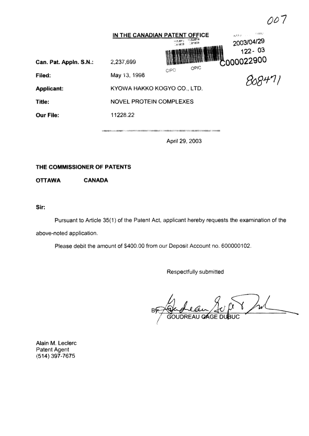 Canadian Patent Document 2237699. Prosecution-Amendment 20030429. Image 1 of 1