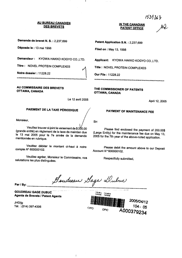 Document de brevet canadien 2237699. Taxes 20050412. Image 1 de 1