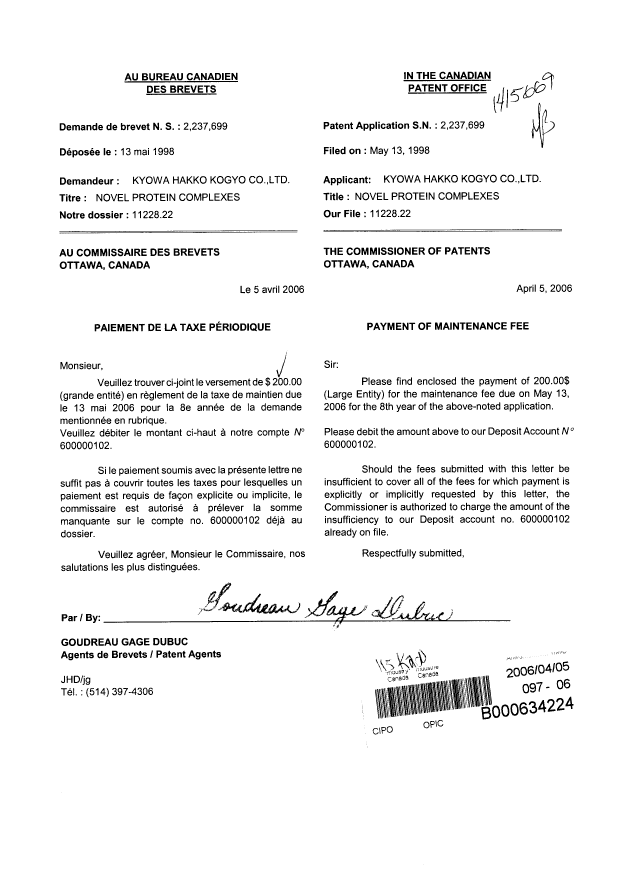 Canadian Patent Document 2237699. Fees 20060405. Image 1 of 1