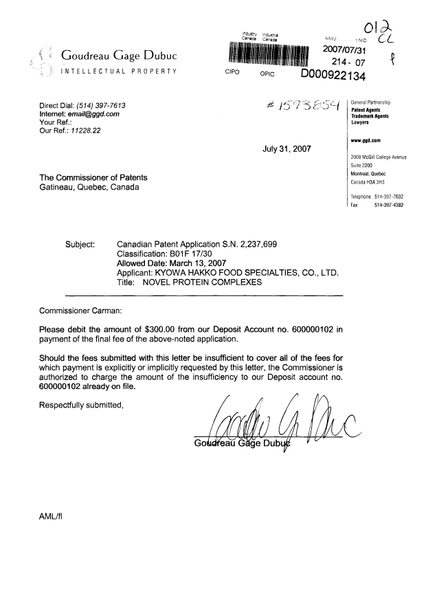 Document de brevet canadien 2237699. Correspondance 20070731. Image 1 de 1