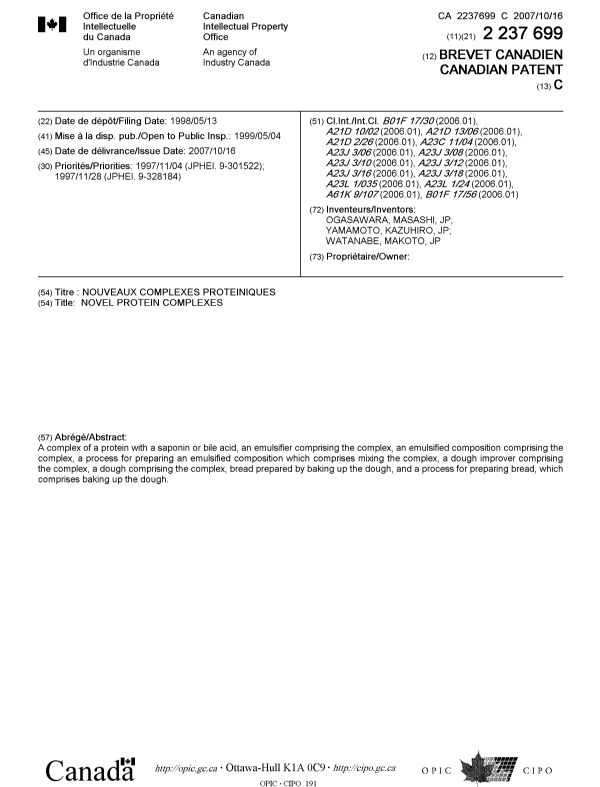Document de brevet canadien 2237699. Page couverture 20070918. Image 1 de 2