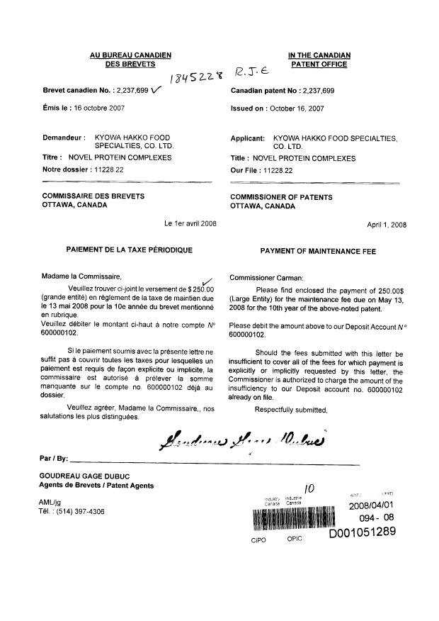 Document de brevet canadien 2237699. Taxes 20080401. Image 1 de 1