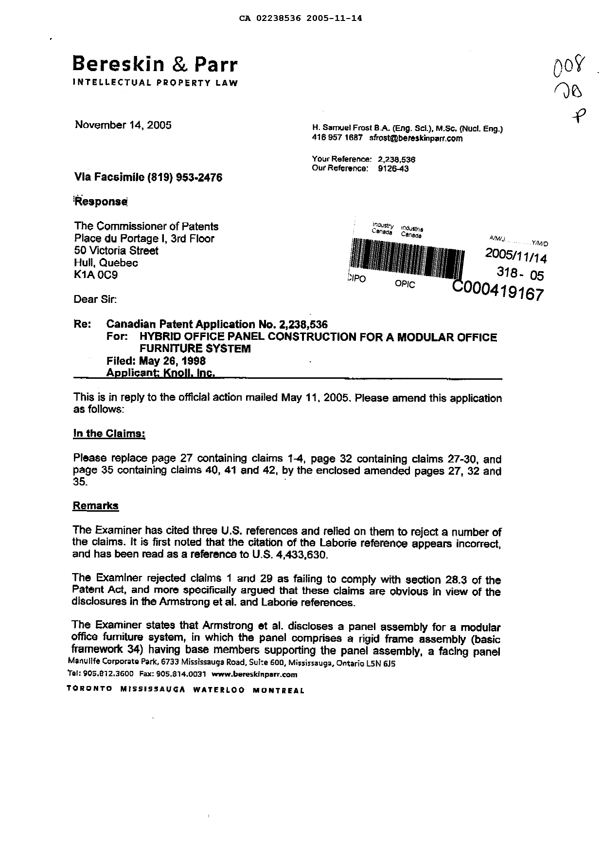 Canadian Patent Document 2238536. Prosecution-Amendment 20051114. Image 1 of 7