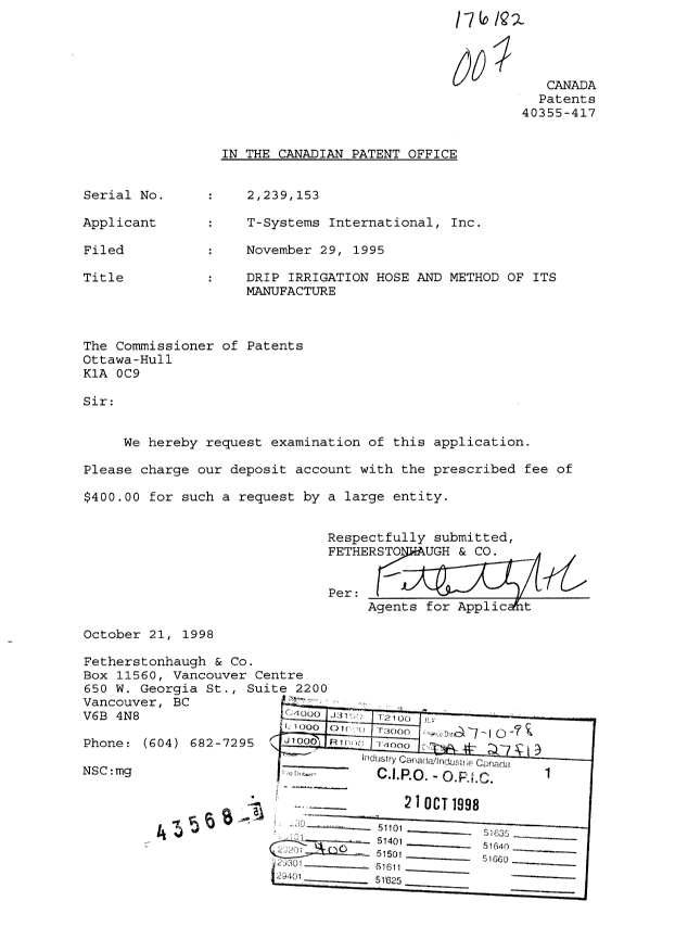 Canadian Patent Document 2239153. Prosecution-Amendment 19981021. Image 1 of 1